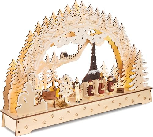 BRUBAKER 3D Lichterbogen - LED Schwibbogen - Sternsinger - LED-Beleuchtung mit Batterie und Kabel - Holz Natur - 27 x 40 x 7,5 cm - Handbemalte Figuren - Weihnachtsdeko für Tisch und Fenster