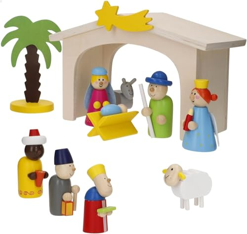 WOOMAX 33045 Presepe in Legno per Bambini, 11 Figure, Presepe per Bambini Natale, Portale di Presepe Facile da Montare e Smontare, Re Magi, Giocattolo per Bambini +3 Anni, Decorazione Natalizia