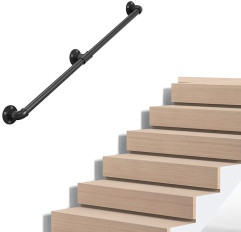 Industrial Pipe Stair Handrail, Wall-Mounted Metal Hand Rail for Indoor & Outdoor Steps, Black Galvanized Iron, Vintage Farmhouse Style, Heavy Duty Support for Stairs & Porch (Black, 4ft)