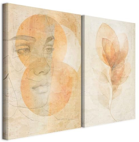 murando - Ensemble de 2 tableaux d'art décoratif 120x90 cm - Tableau acoustique panneau insonorisant impression sur toile - Portrait aux tons chauds avec un motif de feuille a-H-10154-b-a