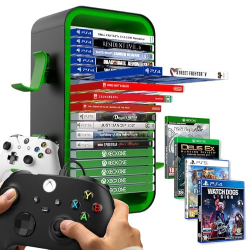 Niciksty Tour de Stockage de Jeu pour PS5/ Xbox Series S & X/Switch, Tour de Rangement Universelle pour Jeux, Étagère de Rangement pour 24 CD et 4 contrôleurs, Vert