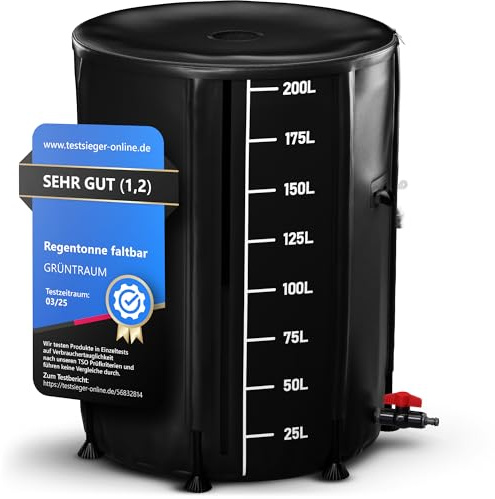 GRÜNTRAUM Récupérateur d'eau de pluie pliable de 200 litres - Avec indicateur de niveau innovant et robinet d'écoulement - Résistant aux intempéries - Réservoir d'eau pliable