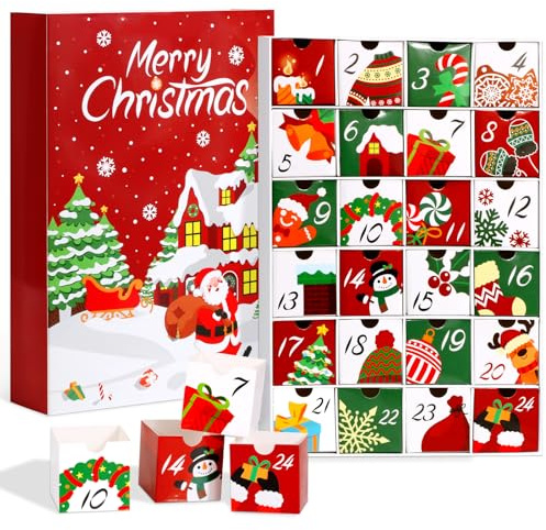 BOFUNX Caja Calendario Adviento de Navidad para Rellenar 24pcs Cajitas con Cifras de 1 a 24 de Papel kraft para Regalos Dulces Galletas Caja Cartulina Cartón Decoración Navideña
