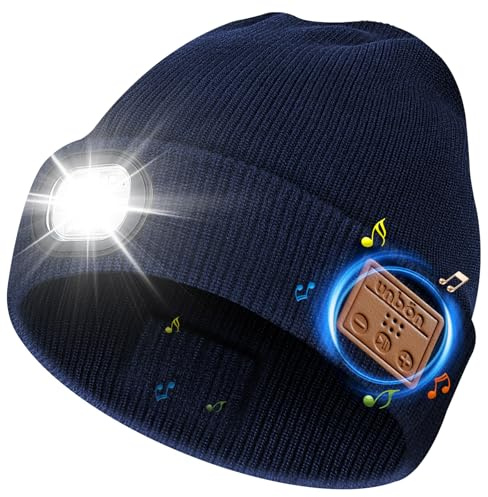 UNBON Cadeau Homme Original Utile, Idée Cadeau Noël, Bonnet Bluetooth Homme avec Lampe Frontale Puissante, Bonnet LED Connecté Bluetooth Musique, Cadeaux Noël Anniversaire Hommes Papa Femme, Bleu