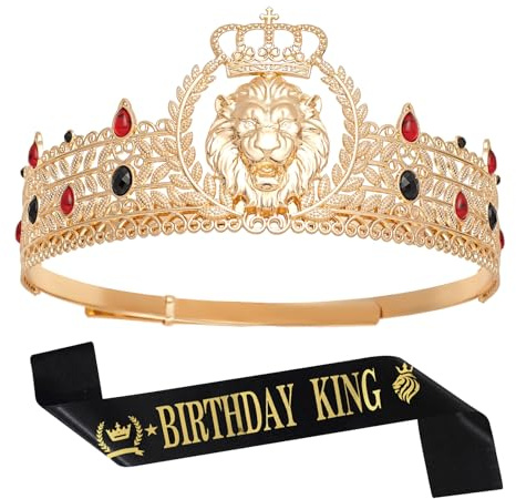 JITINX King Crown and Birthday Sash, King Crown for Men,Gold Men's Tiara Prince Diadem,Royal Medieval Cosplay Birthday Prom Halloween Hair Accessories (Black & Red Crown)