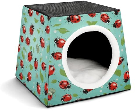 Cat Cave Cat Beds for Indoor Cats Red Ladybugs Foldable Cat Hideaway with Washable Cushion and Non-Slip Base