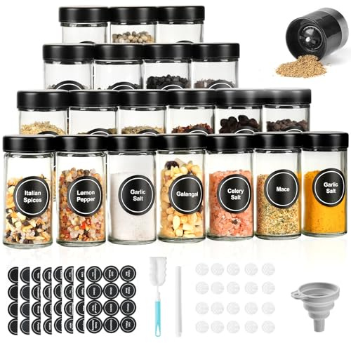 FRIBERG 20 Barattoli Spezie Vetro 120ml Coperchi Inox Macinaspezie Etichette