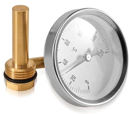 Tulov Bimetalltermometer Ø 63 mm 0–120 °C med G1/2-anslutning | Med Ø 10 mm sänkhylsa för temperaturmätning på radiatorer, värmesystem, pannor och varmvattenledningar