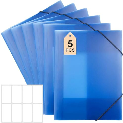 EAAGHK Cartellina con Elastico A4 5 Pezzi Cartelline Portadocumenti in Plastica con Elastico Cartellina con Elastico Angolare con 16 Adesivi Bianchi per Progetti Scolastici o d'Ufficio (Blu)
