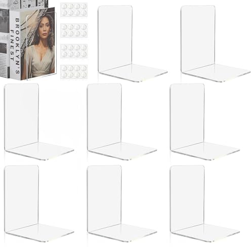 Aurinovellia 8 Piezas SujetaLibros Estanteria, Sujetalibros de Acrílico Transparente con 32 Almohadillas Antideslizantes, Organizador de Libros de 3 mm de Grosor, para Escuela Casa Oficina 10x10x13cm
