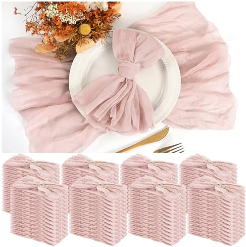 100 stycken tygservetter rosa gasvävservetter för bröllop, skrynkliga tygservetter i bulk för hemmafest rustik bordsdekoration, 43 x 43 cm