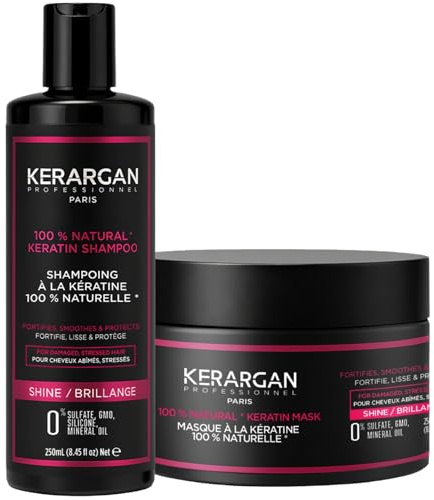 KERARGAN - Keratinschampo & Intensiv Hårmask för Skadat Hår - 2x250ml | Keratinschampo och intensiv hårmask rengör, reparerar och gör skadat eller stressat hår slätare