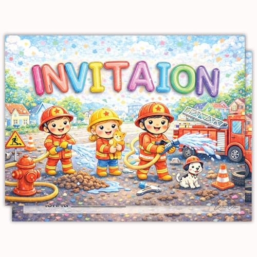 Edition Colibri Carte d'invitation d'anniversaire - Motif pompier coloré | Lot de 10 cartes plates (A6) – Verso à écrire