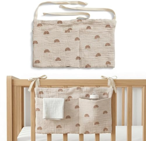 BCHMN Organisateur de Lit Suspendu à Motif Arc-en-Ciel Gris - Poche de Rangement Pratique pour Lit Bébé, Lit Superposé et Dortoir - Sac de Chevet pour Livres, Jouets et Couches