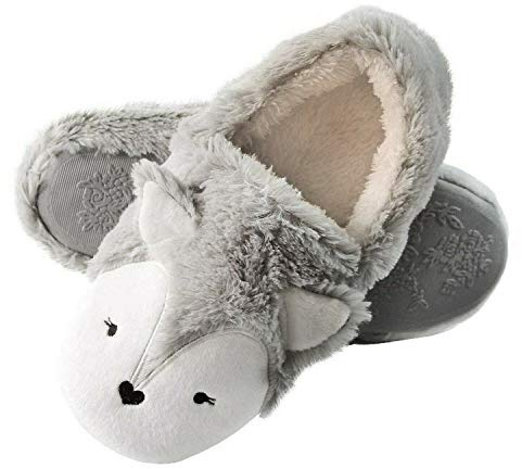 Cute Silver Fox Fleece Slippers for Women Winter Soft Wool Furry Lining Indoor Outdoor Slip-On Shoes Fuzzy Clog Mule (Grey, 5/6 UK, UK Footwear Size System, Adult, Women, Numeric Range, Medium, 5, 6)