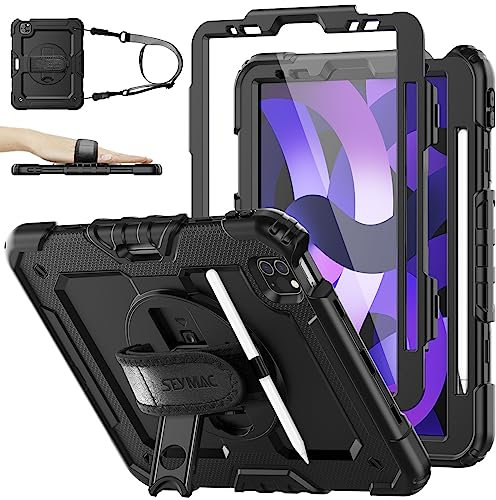 SEYMAC stock Hülle für iPad Air 5./4. Generation 10,9 Zoll, Stoßfeste Schutzhülle mit Stifthalter, Displayschutzfolie, 360° Drehbarer Ständer/Handschlaufe, Schultergurt, Schwarz