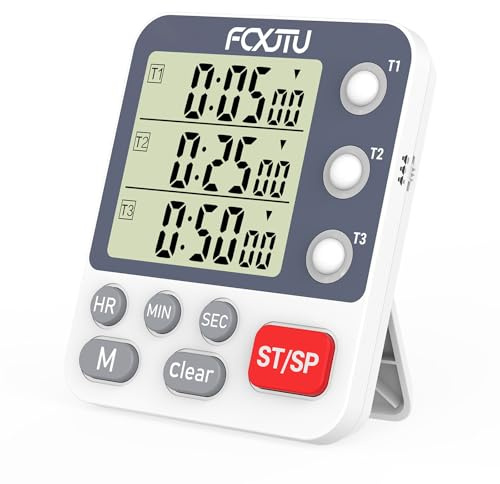FCXJTU Digital Triple Kitchen Timer, 3 Channels Count UP/Down Stopwatch Timer, Dual Cooking Timer, Large Display, Loud Volume Alarm and Flashing Light with Magnetic Back, Stand, Battery Included