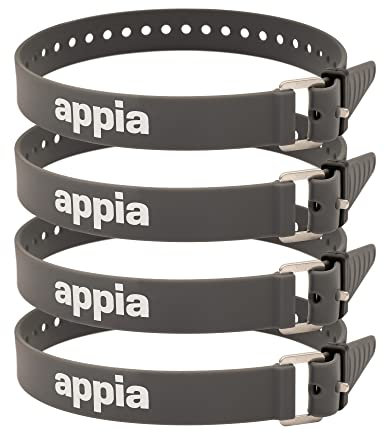 Appia Straps - Spanngurte 50cm Grau (4er Pack) inkl. Strap-Keeper für Fahrrad, Ski, Bikepacking, Camping, Heimwerken aus TPU mit rostfreier Aluminium-Schnalle
