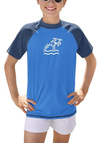 BesserBay Kinder Blau Top Badeshirt UV Shirt mit UV-Shutz Swimsuit Bademode Kurzarm Rashguard 120
