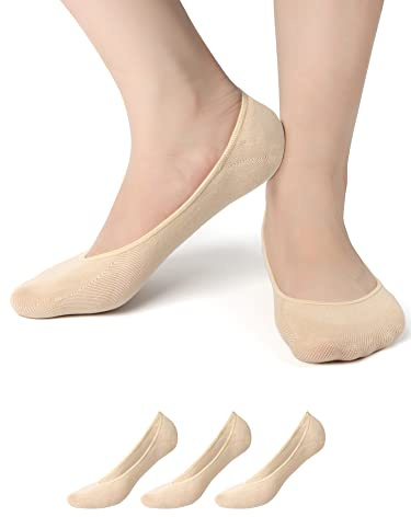 YouGa No Show Socks Women - 3/6 Pairs Invisible Socks Ladies Trainer Socks with Non Slip Grip Ultra Low Cut Socks Invisible Cotton Footies for Sneaker Loafers (3P-Beige), 4-7
