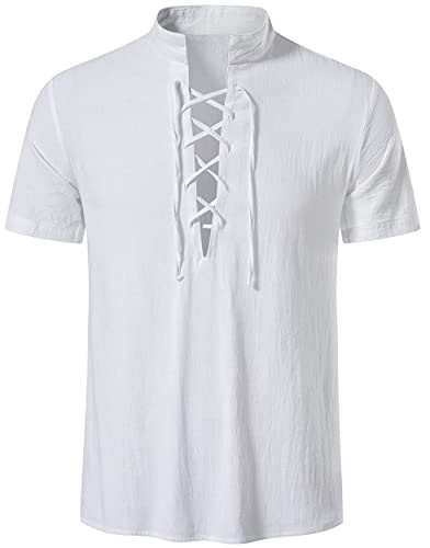 LUYANA Camisa de lino para hombre estilo retro tradicional con cordones camiseta de manga corta, Blanco, XXL
