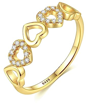 Bellitia Jewelry 18K Oro Banda Anillos Chapados Diseño Corazón para Mujeres Niñas Plata de Ley 925 Anillos Compromiso Promesa Diamante CZ