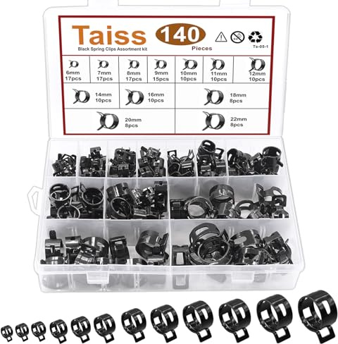 Taiss 140PCS 12 Sizes 6-22mm Black Spring Band Hose Clamp Assortment Kits.Low Pressure Air Clip Strap Clamp for Air Hose Tube Hose Fuel Silicone Vacuum Hose Clamp