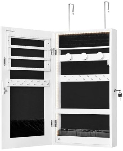 SONGMICS Armoire à Bijoux Miroir avec Éclairage LED Intégré, Rangement pour Bijoux Mural ou à Suspendre sur Une Porte, Armoire Miroir Suspendue 9,7 x 37 x 67 cm, Blanc JJC050W01