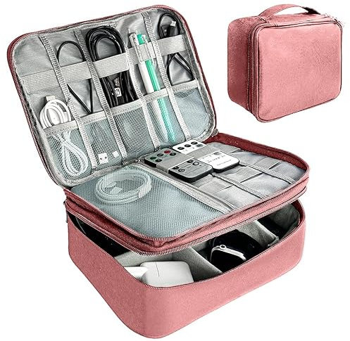 MyGadget Doppelschichtige Universal Kabel Organizer Tasche [25,9 x 19,5 x 8,5 cm] - Reise Kabeltasche - für Elektronik Zubehör wie Ladegeräte I Kabel - Rosa