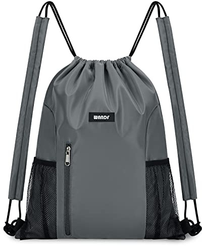 WANDF Drawstring Backpack with Shoulder Pad Sports Gym Backpack with Mesh Pocket String Bag for Women Men (Grey)