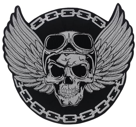 Parche de alas de calavera, parches de calavera grandes para chaquetas de motociclista, apliques bordados de esqueleto, parche de calavera punk (blanco)