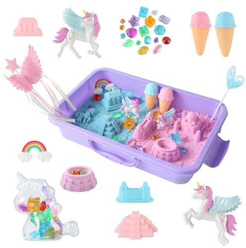 Regenbogenpferd Sensorik Box, zaubersand sand set mädchen, Einhorn Spielzeug für Kinder, Schlossformen, Aktivitäten für Kleinkinder und Sensorik-Füllmaterial für Kinder ab 3 Jahren
