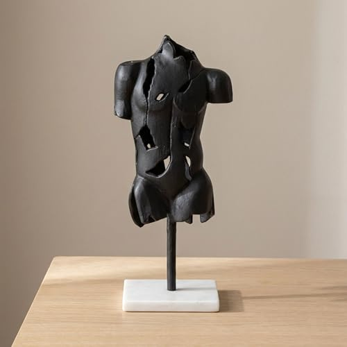 Sagebrook Home Modern Abstract Metal & Stone Sculpture - Aluminum Male Torso Statue on Marble Base - Elegant Home & Office Decor for Living Room, Bedroom, or Desk - 17 Black