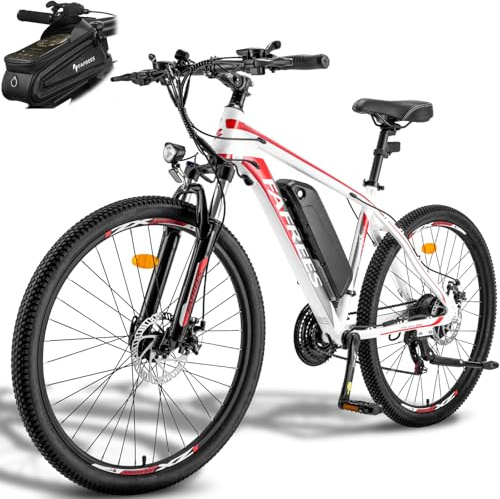 Fafrees Bicicletta Elettrica 26 Bici Elettrica Mountain Bike 21 Velocità Batteria Rimovibile 36V13.5Ah EBike Uomo Donna Adulti, Freni a Disco Meccanici, Autonomia di 80-100km, Bianco, Borsa da Telaio