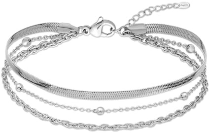 Amberta Silver Gold Waterproof Ankle Bracelets for Women | Boho Layered Anklets for Women | Summer Jewellery, Adjustable Ankle Chain Beaded Rope Heart: Silver Multilayer Snake Beads Link