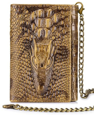 Steel Lion Mens Trifold Wallet Leather RFID Blocking, Crocodile Embossed Slim Wallet with 2 ID Window, 11 Card Slots, Detachable Anti-Theft Chain, Compact Wallet for Business Travel Daily Use (Brown)