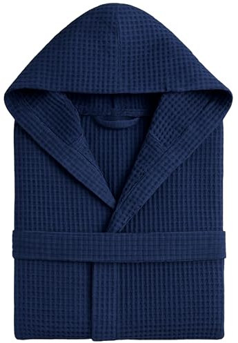 o-day Bademantel mit Wabenstruktur für Damen und Herren, aus Baumwolle, mit Kapuze, Taschen und Gürtel, leicht und für Reisen S-XXXL, Modell 2 - Marineblau, XL