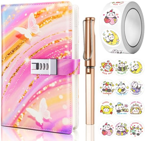 UNIANE Journal intime avec serrure pour fille - Format A5 - Avec code - Carnet avec serrure avec stylo et ensemble d'autocollants amusants - En cuir synthétique - Cadeau d'anniversaire pour fille - 22