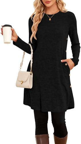 SENBATU Robe Pull Femme Hiver Dames à Manches Longues Robe Noel Femme Robe Tunique Boutons latéraux avec Poches Noir Grand