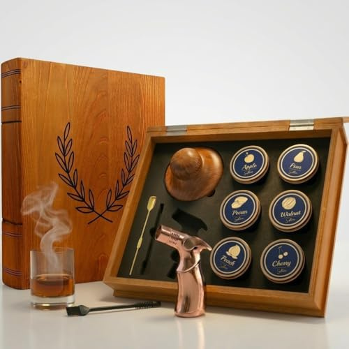 Whiskey Smoker Kit – Cocktail Smoking Kit for Smoked Whiskey, Bourbon & Old Fashioned Drinks, Wooden Gift Box Set with 6 Wood Chip Flavors and Smoking Tools