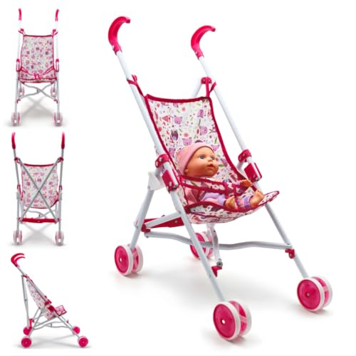 Sillita de Paseo para Muñecas - AMATOYS - Carrito Juguete Plegable - Pack 2 en 1 con Bebé Muñeco - Juego de Imitación y Paseo para Niñas y Niños - Bebe Rosa