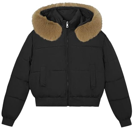 Generisch Giacca trapuntata corta da donna con colletto in pelliccia sintetica rimovibile, calda giacca con cappuccio per l'inverno, giacca alla moda per un look sportivo ed elegante, M