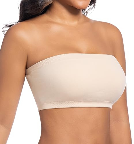 ONEW Bandeau Bra for Women Seamless Non-Wired Strapless Bra Breathable Bandeau Top with Removable Convertible Straps， Beige， 2XL