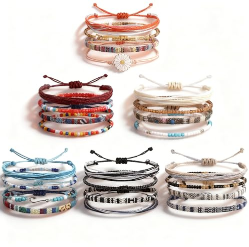 EMNIMQ 24 Pcs Multicolore Bracelets D'amitié bracelet tissu femme bracelets d' tressés pour Femme et Fille Bracelet de Plage Surfeur, Amitié, Tissu Cordon, Perles Boho - Bracelets de Cheville