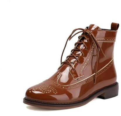 Generico Donna Tacco Basso Brogue Stivaletti alla Caviglia Allacciare Stivali Corti Punta Tonda Pelle Verniciata Vintage Scarpe da Vestito,Marrone,37 EU