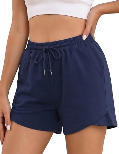 Litherday Women's Running Shorts Gym Cotton Sweat Jogging Sports Workout thletic Lounge Hiking High Waist with Pockets Dark Blue