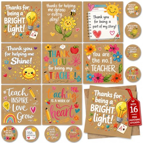 SIMPLY GIFTED Thank You Teacher Cards Multipack of 16 – 12x12cm Cards for Teachers, 8 Designs with Matching Stickers & Envelopes – Blank Inside, 500 Micron Silk Card Stock – Made in UK, Eco-Friendly