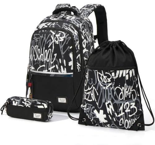 Amythe Skolryggsäck set pojkar – 3 delar från klass 5, till början av skolan, Svart – modell 2, L, Klassisk | Set: Ryggsäck tonåring + dragskoväska + pennfodral. Lättvikt (650 g) Vattentät. 15,6 tum laptopfack. Trolleykompatibel