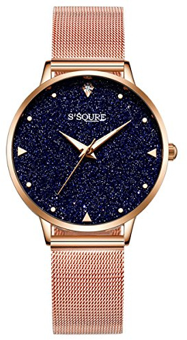 Alienwork Armbanduhr Damen Roségold Metall Mesh Armband Edelstahl Blau echtes Marmor Zifferblatt