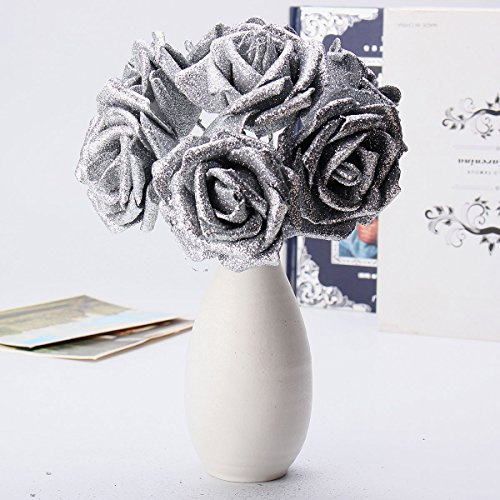 Tutoy 7Pcs Artificial Bouquet di Schiuma Glitter Artificiali Fiori Matrimonio Nuziale Partito Decor DIY Rose - Argento